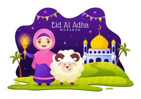 gelukkig eid al adha mubarak vector illustratie van kinderen moslims viering met offer dieren geit en koe in tekenfilm hand- getrokken Sjablonen