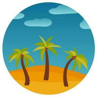 tekenfilm natuur landschap met drie palmen in de woestijn in cirkel. vector illustratie.