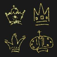 goud schitteren hand- getrokken kroon. reeks van vier gemakkelijk graffiti schetsen koningin of koning kronen. Koninklijk keizerlijk kroning en monarch symbool geïsoleerd Aan donker achtergrond. vector illustratie.