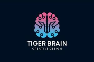 digitaal technologie hersenen logo ontwerp met tijger hoofd concept vector