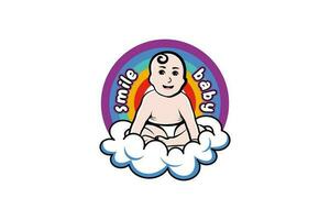 schattig baby karakter vector ontwerp glimlachen Aan een wolk met een regenboog achtergrond