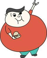 grappig karakter van dik jongen aan het eten hamburger. vector