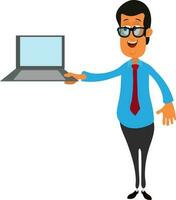 tekenfilm karakter van een zakenman Holding laptop. vector