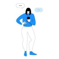 de vrouw looks Bij haar smartphone en chatten. vector vlak gestileerde illustratie. online communicatie