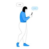 de vrouw looks Bij haar smartphone en chatten. vector vlak gestileerde illustratie. online communicatie