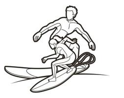 schetsen surfer mannelijke en vrouwelijke actiesurfen sport vector