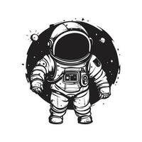 tekenfilm astronaut, wijnoogst logo lijn kunst concept zwart en wit kleur, hand- getrokken illustratie vector