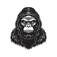 gorilla vervelend capuchon, wijnoogst logo lijn kunst concept zwart en wit kleur, hand- getrokken illustratie vector