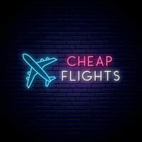 neon vliegtuig teken. gloeiend neon banier met lucht kaartjes reclame maken. vector