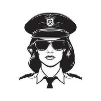 vrouw politie, wijnoogst logo lijn kunst concept zwart en wit kleur, hand- getrokken illustratie vector