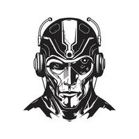 cyborg meester, wijnoogst logo lijn kunst concept zwart en wit kleur, hand- getrokken illustratie vector
