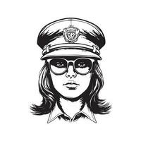 vrouw politie, wijnoogst logo lijn kunst concept zwart en wit kleur, hand- getrokken illustratie vector