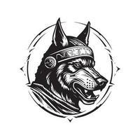 hond strijder, wijnoogst logo lijn kunst concept zwart en wit kleur, hand- getrokken illustratie vector