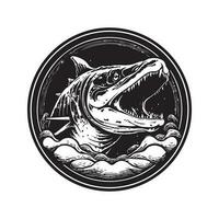 mosasaurus, wijnoogst logo lijn kunst concept zwart en wit kleur, hand- getrokken illustratie vector