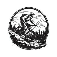 extreem sport berg fietsen, wijnoogst logo lijn kunst concept zwart en wit kleur, hand- getrokken illustratie vector