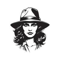 gangster vrouw vervelend fedora, wijnoogst logo lijn kunst concept zwart en wit kleur, hand- getrokken illustratie vector