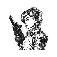cyborg meisje met geweer, wijnoogst logo lijn kunst concept zwart en wit kleur, hand- getrokken illustratie vector