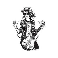 vrouw gitarist, wijnoogst logo lijn kunst concept zwart en wit kleur, hand- getrokken illustratie vector