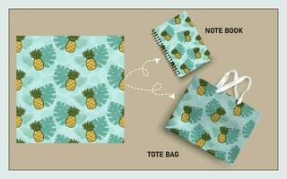 mockup tote zak en Notitie boek met ananas fruit, blad naadloos patroon. vector