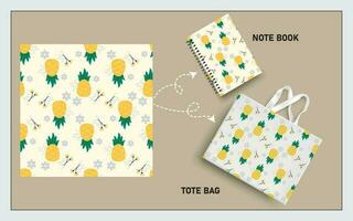 mockup tote zak en Notitie boek met ananas fruit, blad naadloos patroon. vector