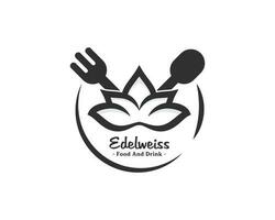edelweiss voedsel en drinken logo. edelweiss bloem met vork en lepel vector