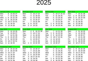 jaar 2025 kalender in Engels vector