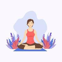 vrouw mediteren in de natuur en bladeren. concept illustratie voor yoga, meditatie, ontspannen, recreatie, gezonde levensstijl. vectorillustratie in platte cartoonstijl vector