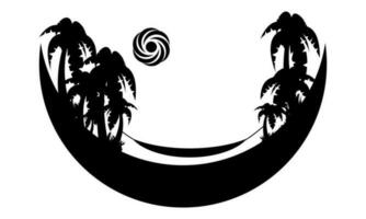 zwart silhouet illustratie ontspannende Aan een hangmat tussen palm bomen vector