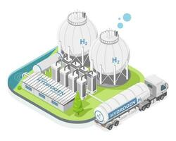 groen waterstof h2 toekomst energie fabriek macht fabriek vervoer naar stad concept semi aanhangwagen gas- tank bijvullen isometrische tekenfilm geïsoleerd symbolen vector