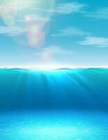 3d realistisch vector oceaan zomer onder water achtergrond met zonlicht en stralen.