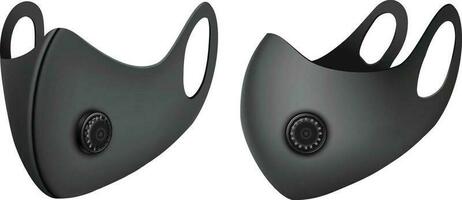 vector 3d realistisch industrieel veiligheid ademhalings n95 gezicht masker in zwart. geïsoleerd illustratie in kant en voorkant visie. veilig ademen anti virus bescherming.