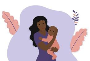 moeder en kind Afro-Amerikaanse vrouw en baby jonge moeder houdt de dochter in haar armen en smilin platte vectorillustratie vector