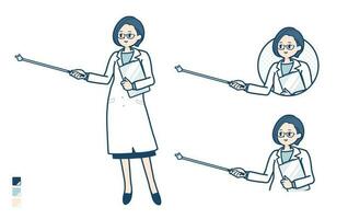 een vrouw dokter in een laboratorium jas met uitleg met een richten stok afbeeldingen vector