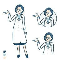 een vrouw dokter in een laboratorium jas met uitleg afbeeldingen vector