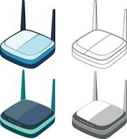 Wifi router in verschillend stijlen vector clip art zwart en wit lijn tekening en gekleurde vector illustraties