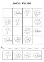 Sudoku-spel voor kinderen met schattige zwart-witte weerelementen vector