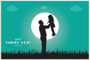 gelukkig vader dag en een silhouet van vader en kinderen in de achtergrond met zon en lucht. vector