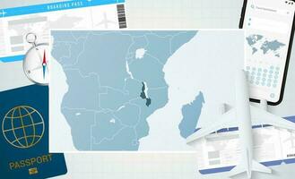 reis naar malawi, illustratie met een kaart van malawi. achtergrond met vliegtuig, cel telefoon, paspoort, kompas en kaartjes. vector