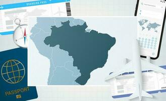 reis naar Brazilië, illustratie met een kaart van Brazilië. achtergrond met vliegtuig, cel telefoon, paspoort, kompas en kaartjes. vector
