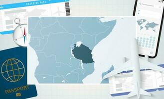 reis naar Tanzania, illustratie met een kaart van Tanzania. achtergrond met vliegtuig, cel telefoon, paspoort, kompas en kaartjes. vector