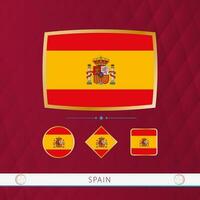 reeks van Spanje vlaggen met goud kader voor gebruik Bij sporting evenementen Aan een bordeaux abstract achtergrond. vector
