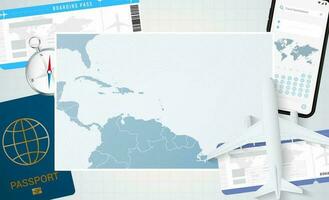 reis naar Barbados, illustratie met een kaart van Barbados. achtergrond met vliegtuig, cel telefoon, paspoort, kompas en kaartjes. vector