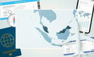 reis naar Maleisië, illustratie met een kaart van Maleisië. achtergrond met vliegtuig, cel telefoon, paspoort, kompas en kaartjes. vector