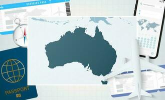 reis naar Australië, illustratie met een kaart van Australië. achtergrond met vliegtuig, cel telefoon, paspoort, kompas en kaartjes. vector