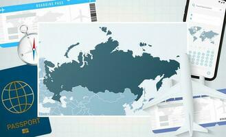 reis naar Rusland, illustratie met een kaart van Rusland. achtergrond met vliegtuig, cel telefoon, paspoort, kompas en kaartjes. vector