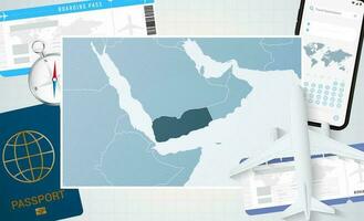 reis naar Jemen, illustratie met een kaart van Jemen. achtergrond met vliegtuig, cel telefoon, paspoort, kompas en kaartjes. vector