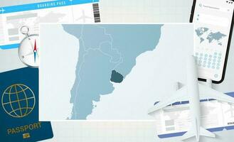 reis naar Uruguay, illustratie met een kaart van Uruguay. achtergrond met vliegtuig, cel telefoon, paspoort, kompas en kaartjes. vector