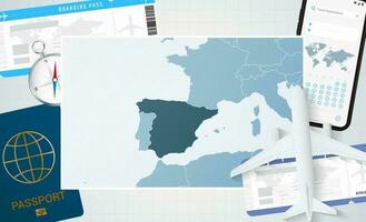 reis naar Spanje, illustratie met een kaart van Spanje. achtergrond met vliegtuig, cel telefoon, paspoort, kompas en kaartjes. vector