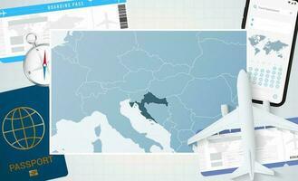 reis naar Kroatië, illustratie met een kaart van Kroatië. achtergrond met vliegtuig, cel telefoon, paspoort, kompas en kaartjes. vector