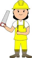 meisje in bouw arbeiders uniform Holding hand- zaag. vector